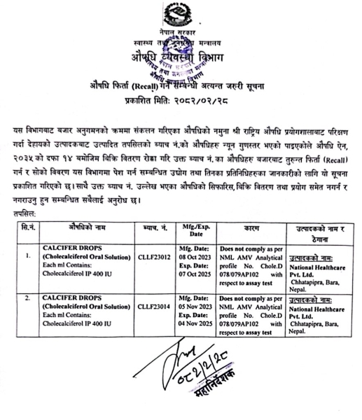 औषधि फिर्ता (RECALL) गर्ने सम्बन्धि अत्यन्त जरुरी सूचना - २०८२/०२/२८