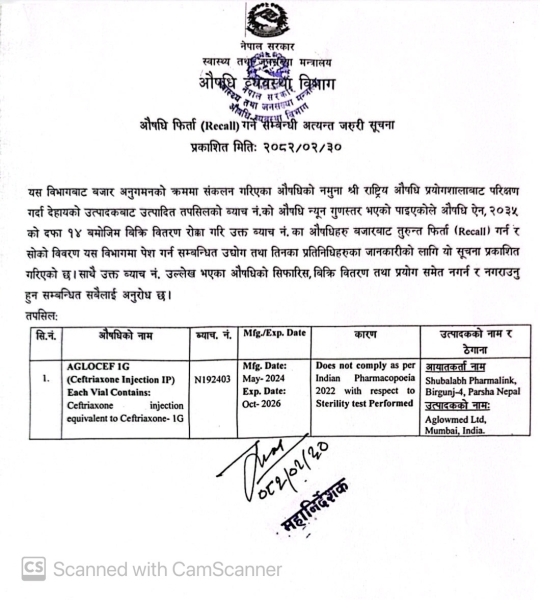 औषधि फिर्ता (RECALL) गर्ने सम्बन्धि अत्यन्त जरुरी सूचना - २०८२/०२/३०